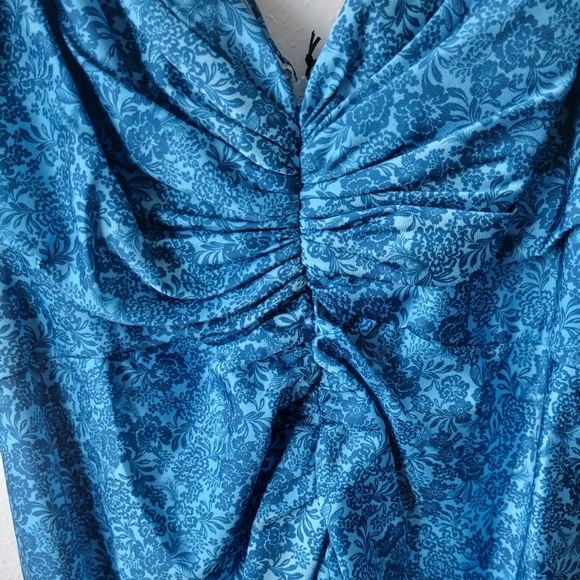 AMUR Floral Ruched Mermaid Tiered Puff Sleeve Peasant Blue Midi Dress. Size 10. - Picture 7 of 15